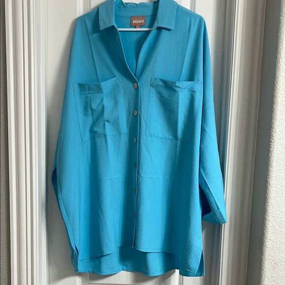 Never worn! Show Me Your MuMu Blue Button Down Shirt | Size L | Cover Up - Picture 3 of 8